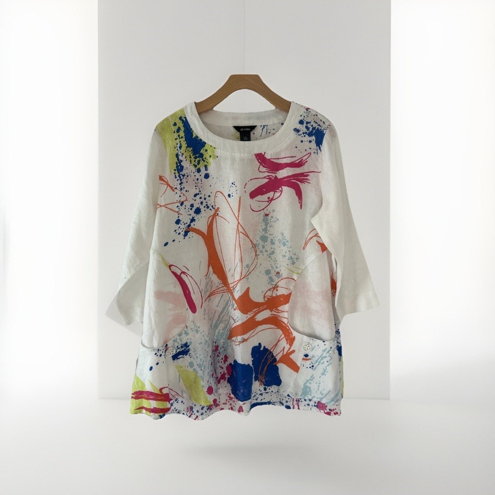 Ali Miles Womens Tunic Top L White Paint Splatter 100% Linen Pockets 3/4 Sleeve